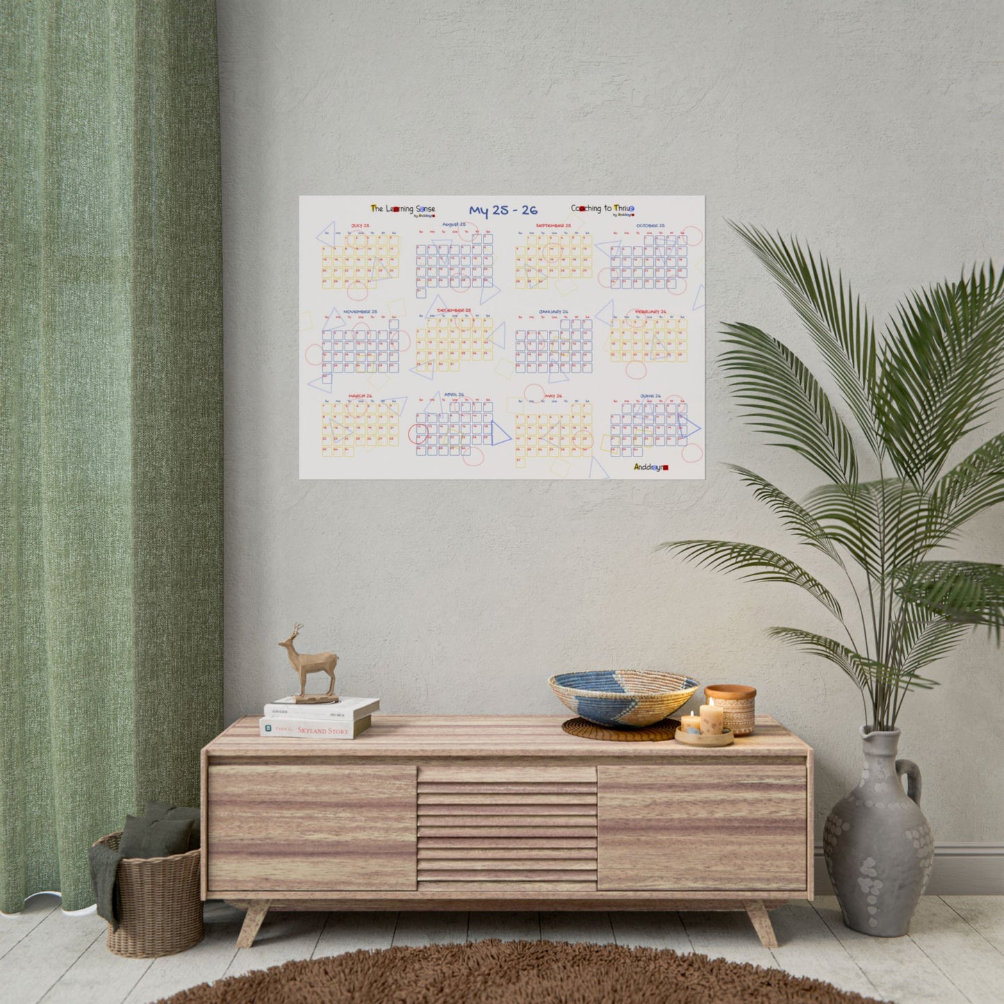 Calendar Wall Poster, Colorful Planner, Bright Wall Art, Home Organization, Ideal Gift for Students, Educators, and Busy Families