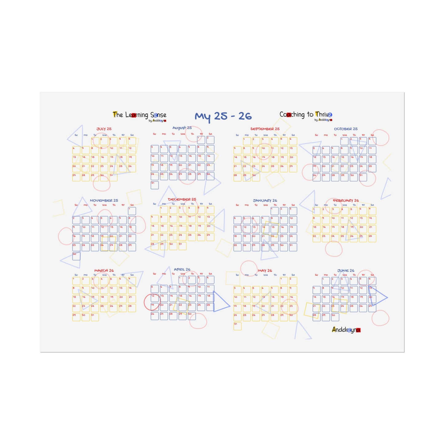 Calendar Wall Poster, Colorful Planner, Bright Wall Art, Home Organization, Ideal Gift for Students, Educators, and Busy Families